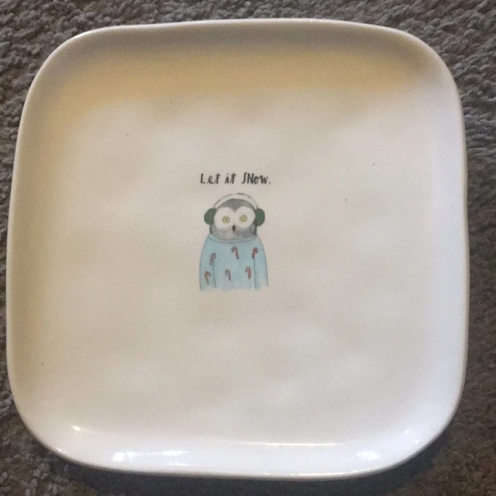 Rae Dunn 8” Plate w Owl in Earmuffs “Let it Snow”